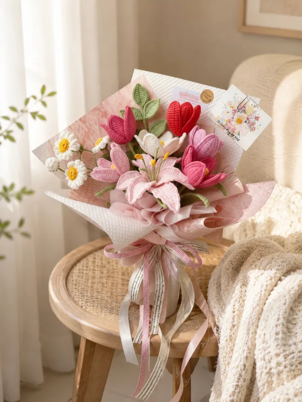 pink tulip daisy gift bouquet lifestyle scene