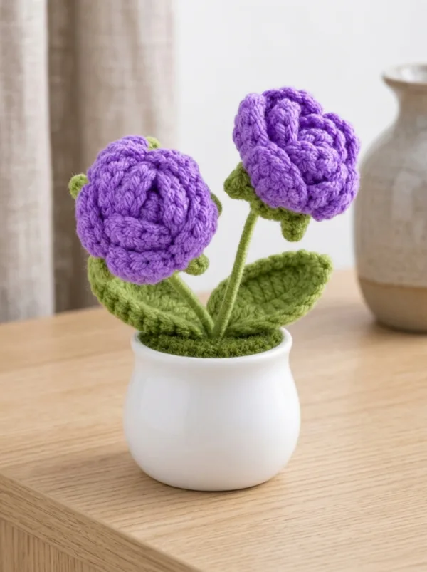 purple flower white pot ornament detail view