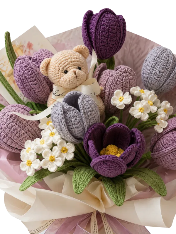 purple tulip daisy gift bouquet angled view
