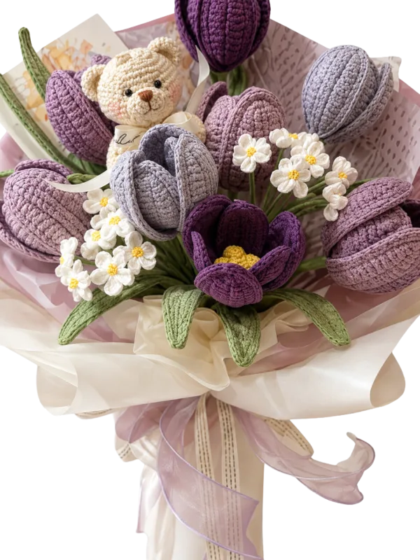 purple tulip daisy gift bouquet close up detail