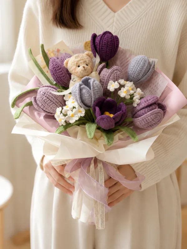 purple tulip daisy gift bouquet hanging display