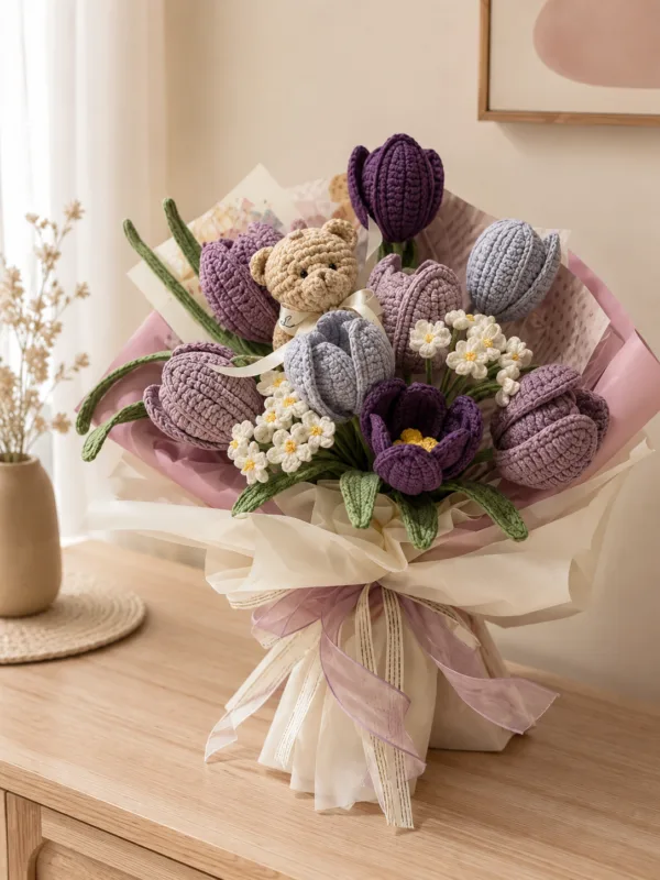purple tulip daisy gift bouquet lifestyle scene