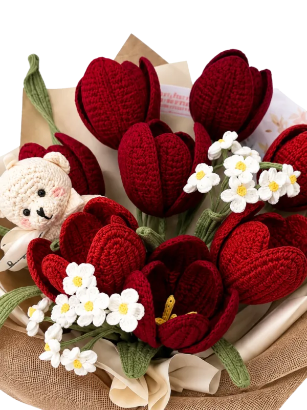 ruby tulip bear gift bouquet angled view