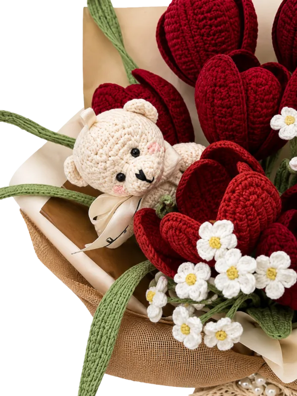 ruby tulip bear gift bouquet close up detail