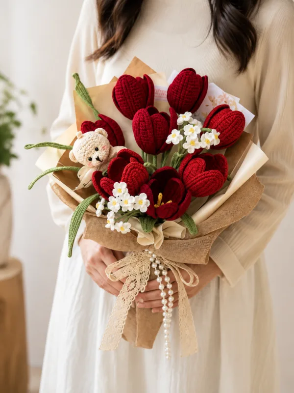 ruby tulip bear gift bouquet hanging display