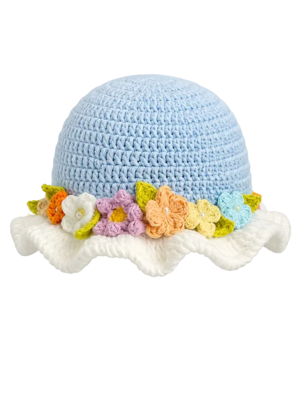 sky meadow floral ruffle sun hat angled view