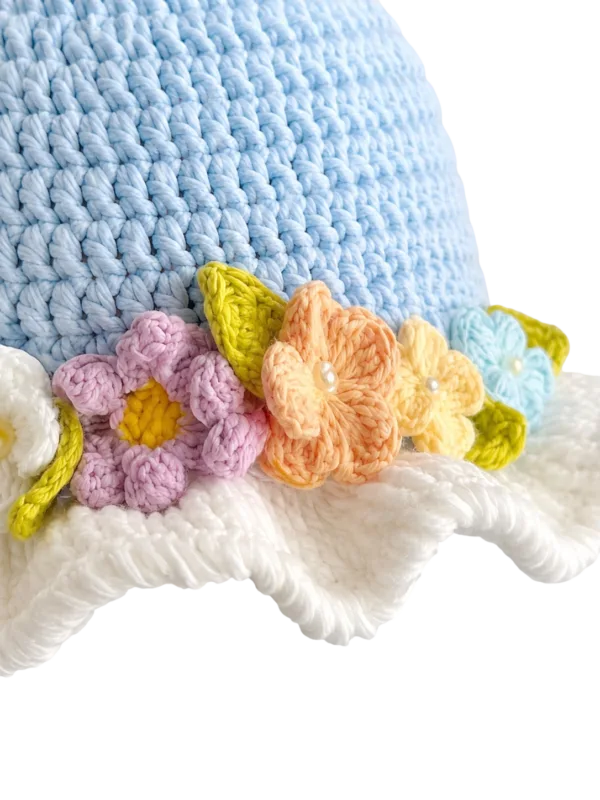 sky meadow floral ruffle sun hat close up detail