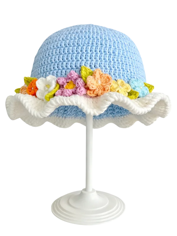 sky meadow floral ruffle sun hat front view