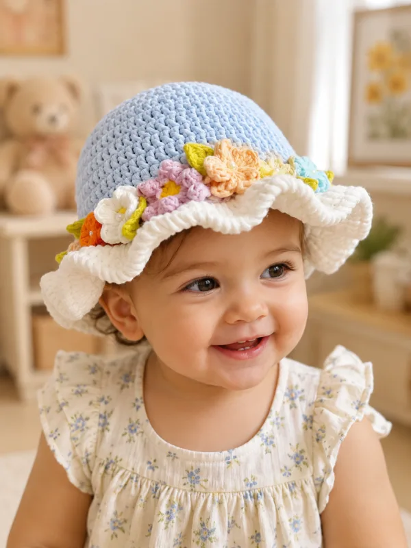 sky meadow floral ruffle sun hat hanging display