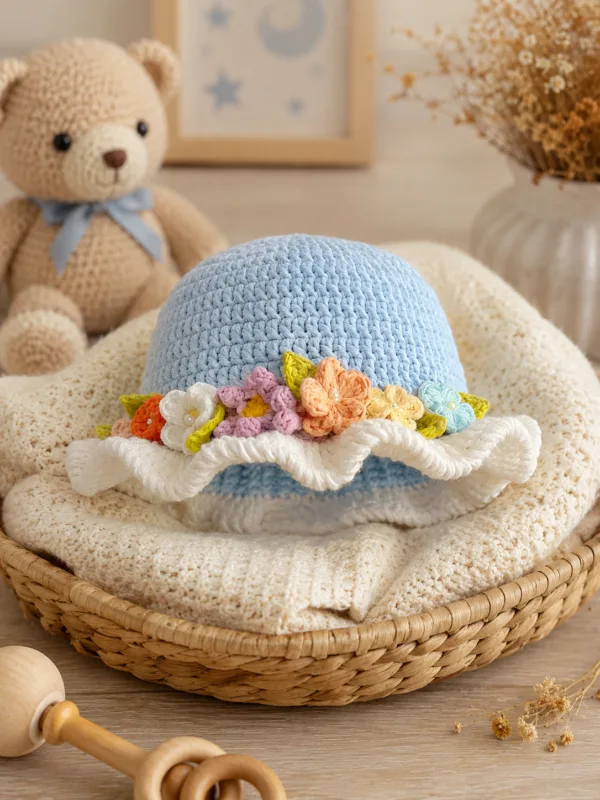 sky meadow floral ruffle sun hat lifestyle scene