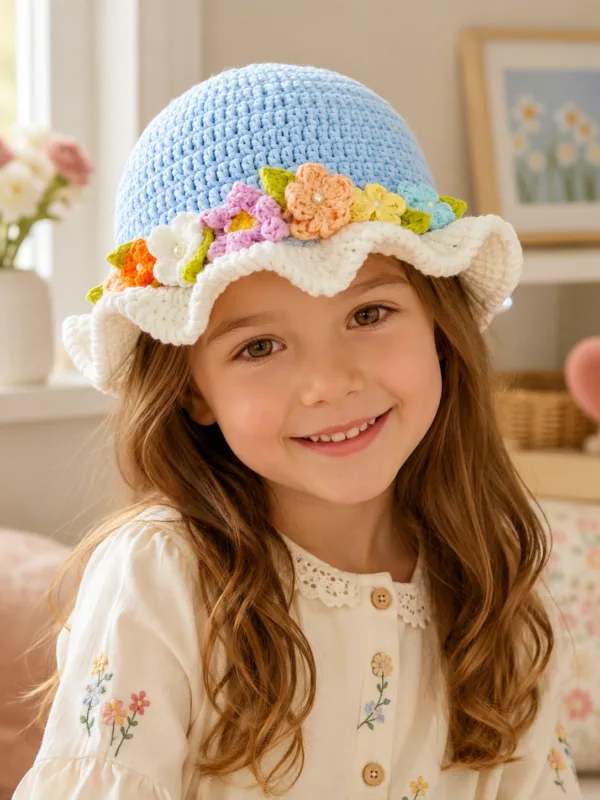sky meadow floral ruffle sun hat top view