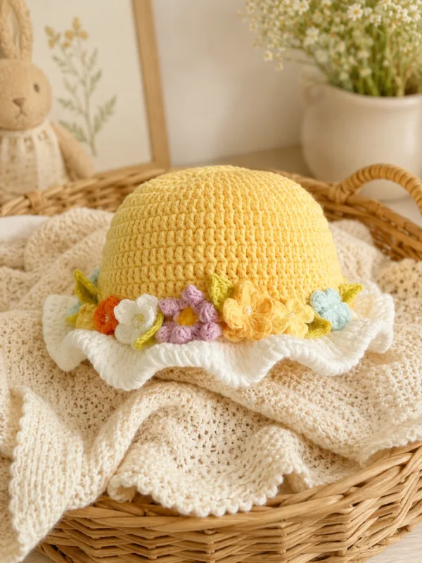 sunshine meadow floral ruffle sun hat lifestyle scene