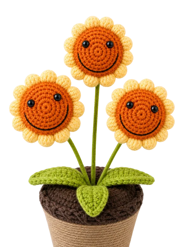 triple smiling sunflower planter ornament close up detail