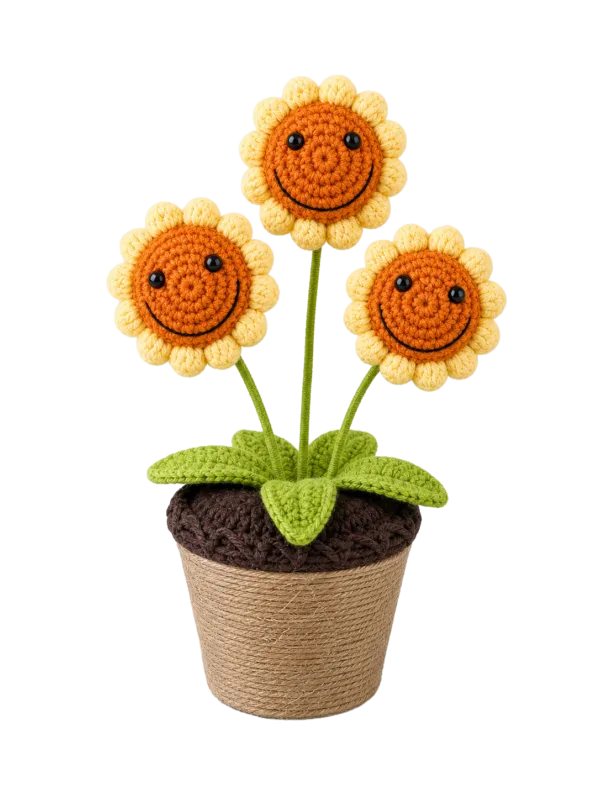 triple smiling sunflower planter ornament detail view