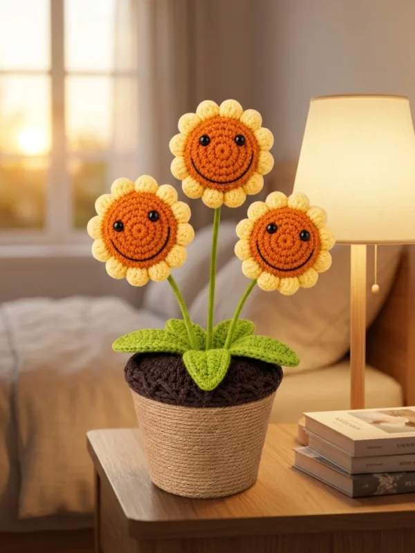 triple smiling sunflower planter ornament display view