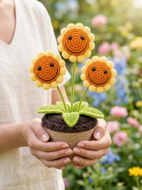 triple smiling sunflower planter ornament styled view