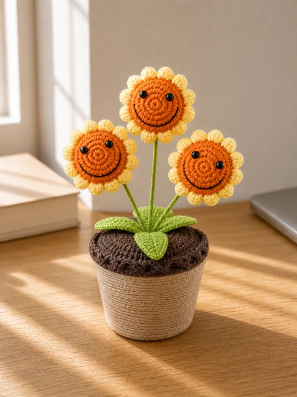 triple smiling sunflower planter ornament top view